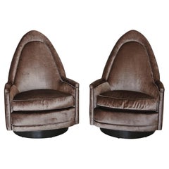 Vintage Pair of Sculptural Memory Cathedral Swivel Chairs in Grey Velvet by Selig