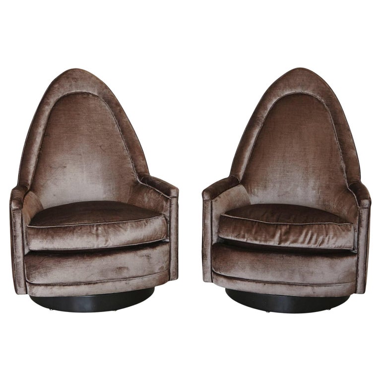 Pair of Sculptural Memory Cathedral Swivel Chairs in Grey Velvet by Selig For Sale