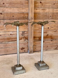 Pair of Sculptural Metal Palm Leaf Candlestick Holders, Mid-20th Century