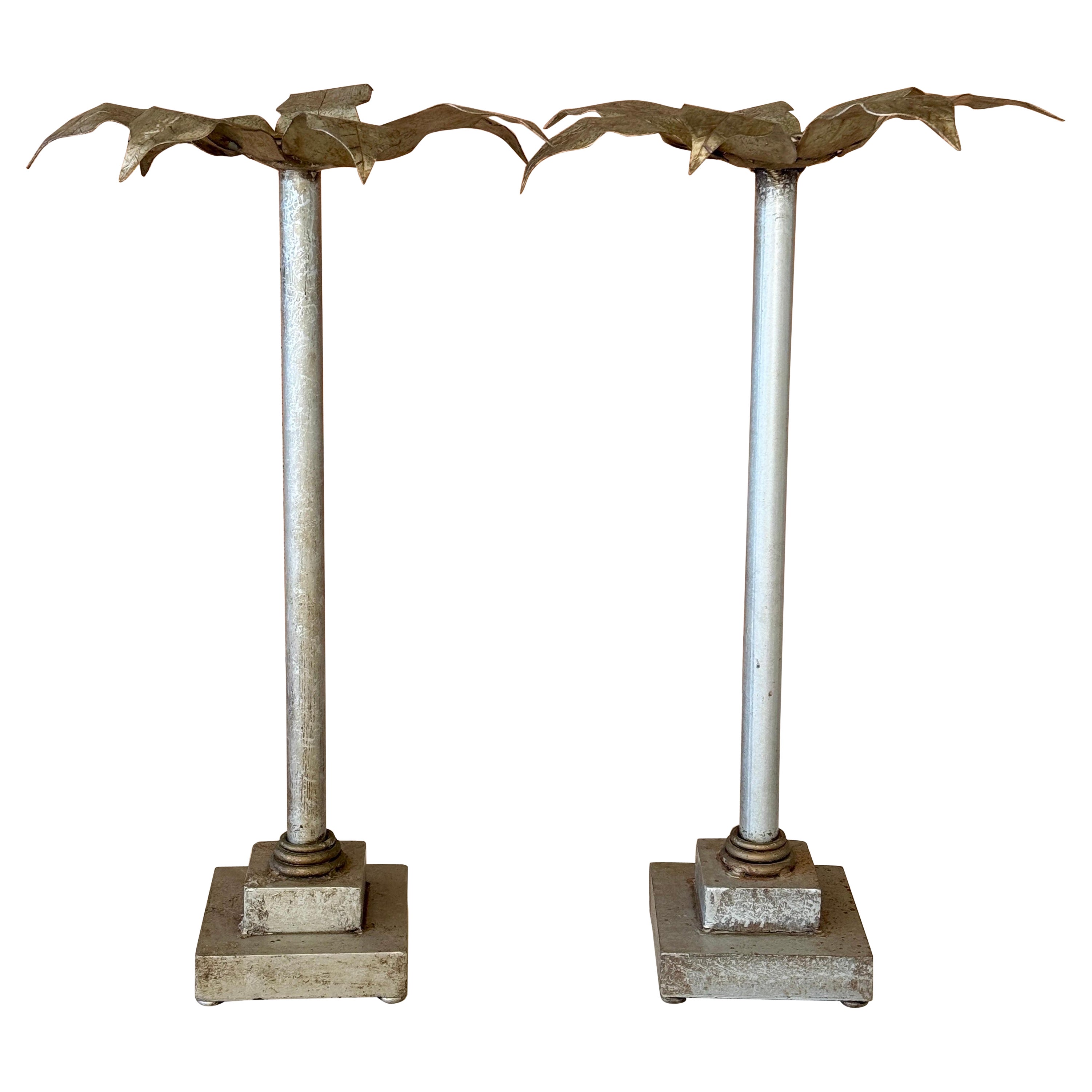 Pair of Sculptural Metal Palm Leaf Candlestick Holders, Mid-20th Century For Sale