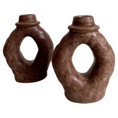 Pair of Sculptural Mid-Century Brutalist Ceramic Vases w. Hare's Fur Glaze, 1960