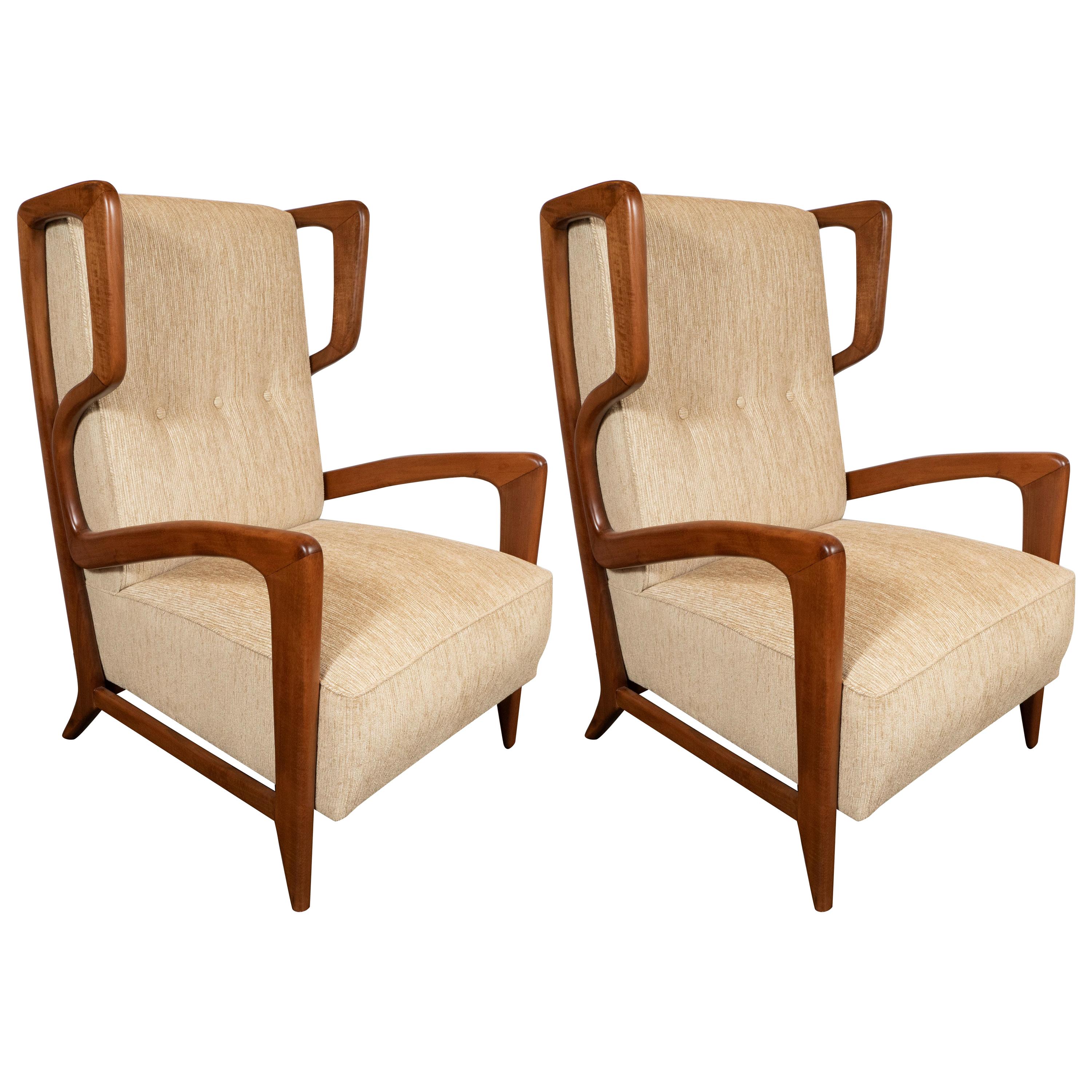 Pair of Sculptural Midcentury Button Back Handrubbed Walnut Lounge Chairs