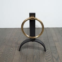 Pair of Sculptural Mid-Century Modern Black Iron & Brass Ringed Andirons