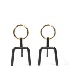 Pair of Sculptural Mid-Century Modern Black Iron & Brass Ringed Andirons