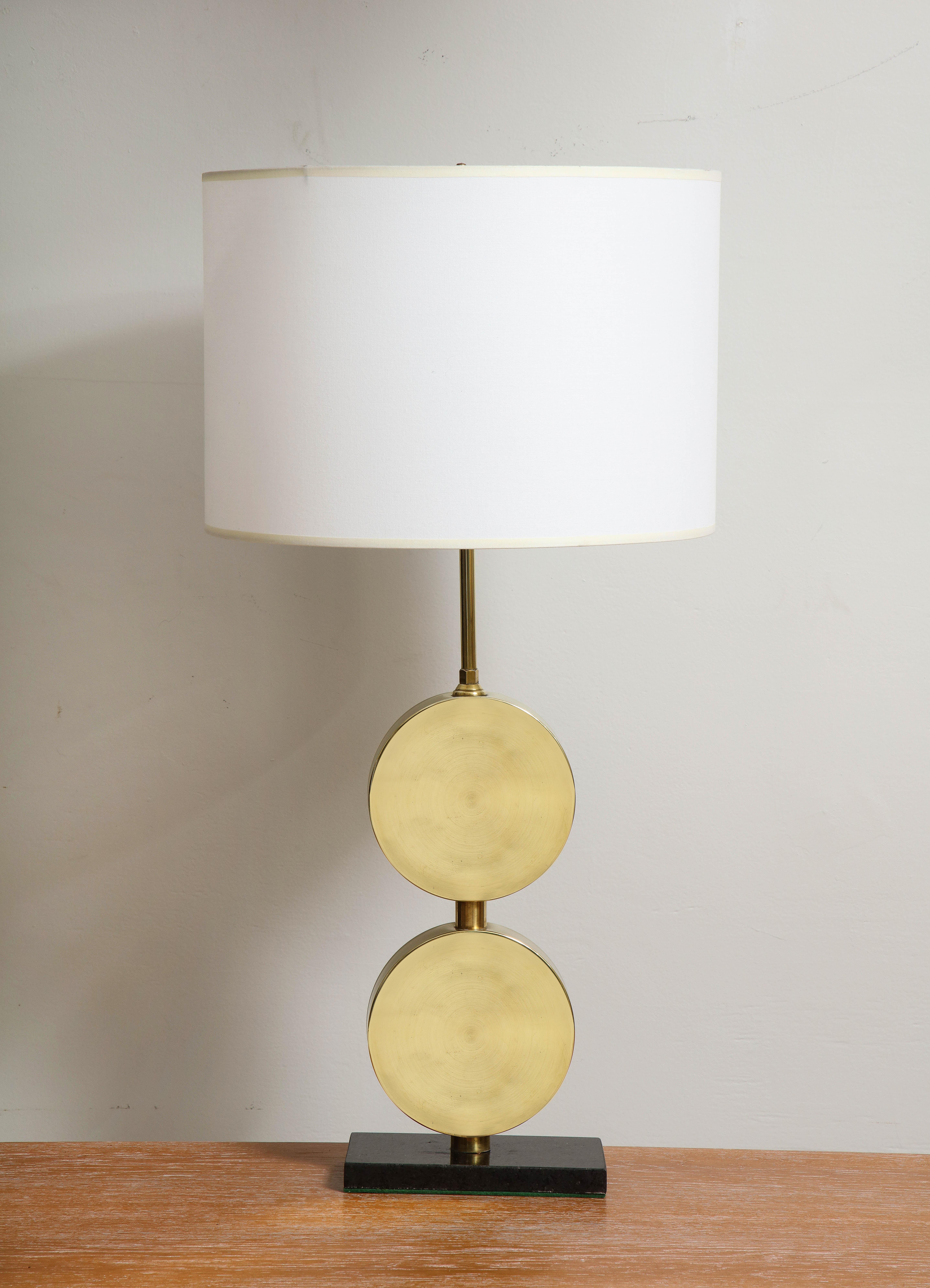 Pair of Sculptural Mid-Century Modern Brass Disc Lamps For Sale 2