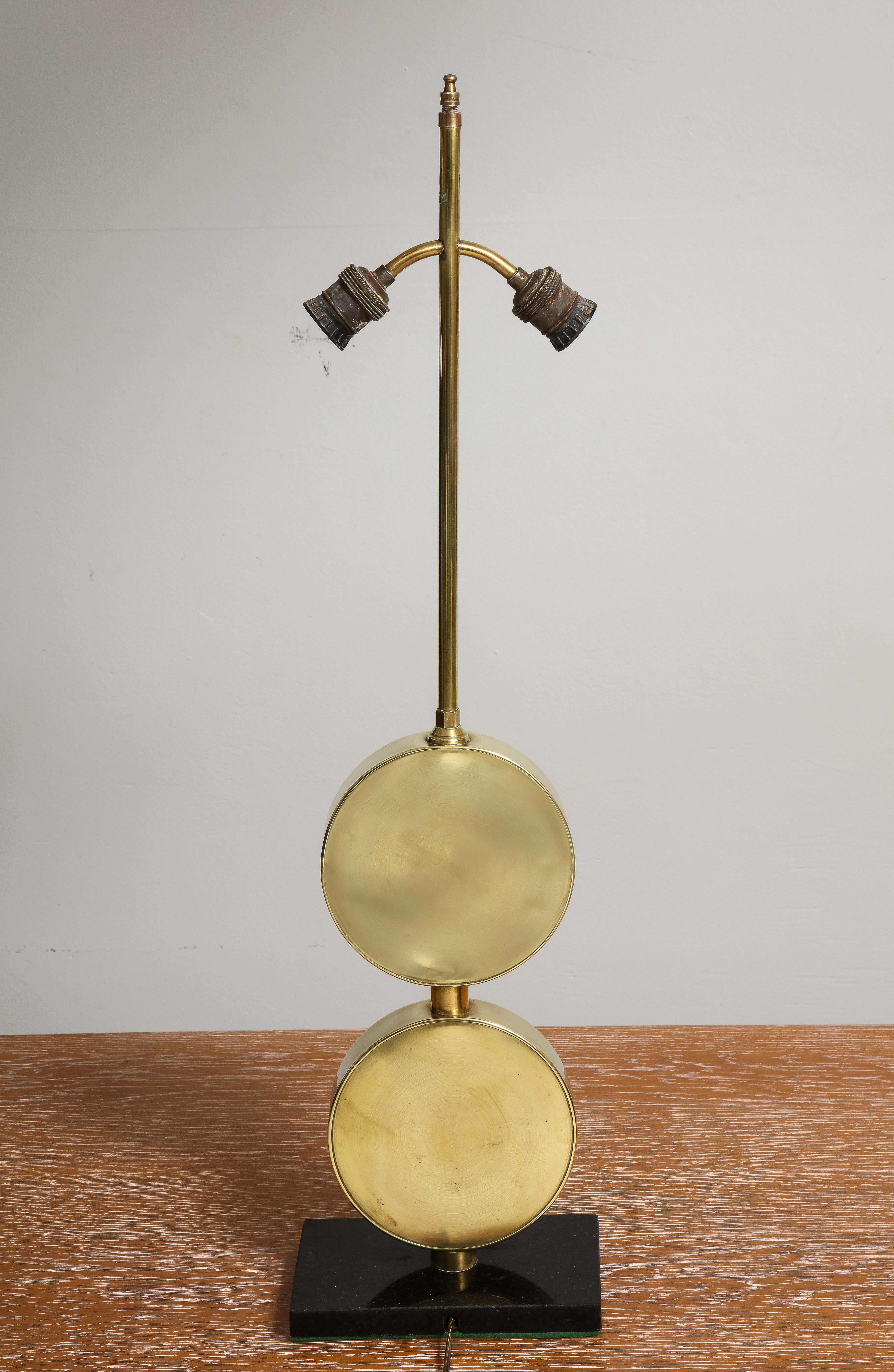 Cast Pair of Sculptural Mid-Century Modern Brass Disc Lamps For Sale