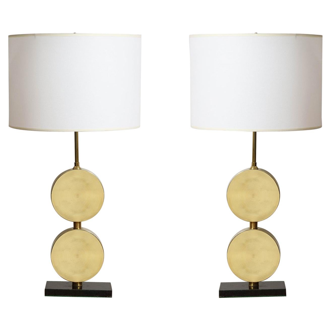 Pair of Sculptural Mid-Century Modern Brass Disc Lamps For Sale