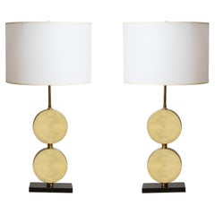 Pair of Sculptural Mid-Century Modern Brass Disc Lamps