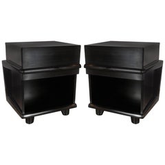 Pair of Sculptural Mid-Century Modern Ebonized Walnut Nightstands/ End Tables