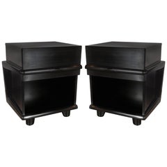 Pair of Sculptural Mid-Century Modern Ebonized Walnut Nightstands/ End Tables