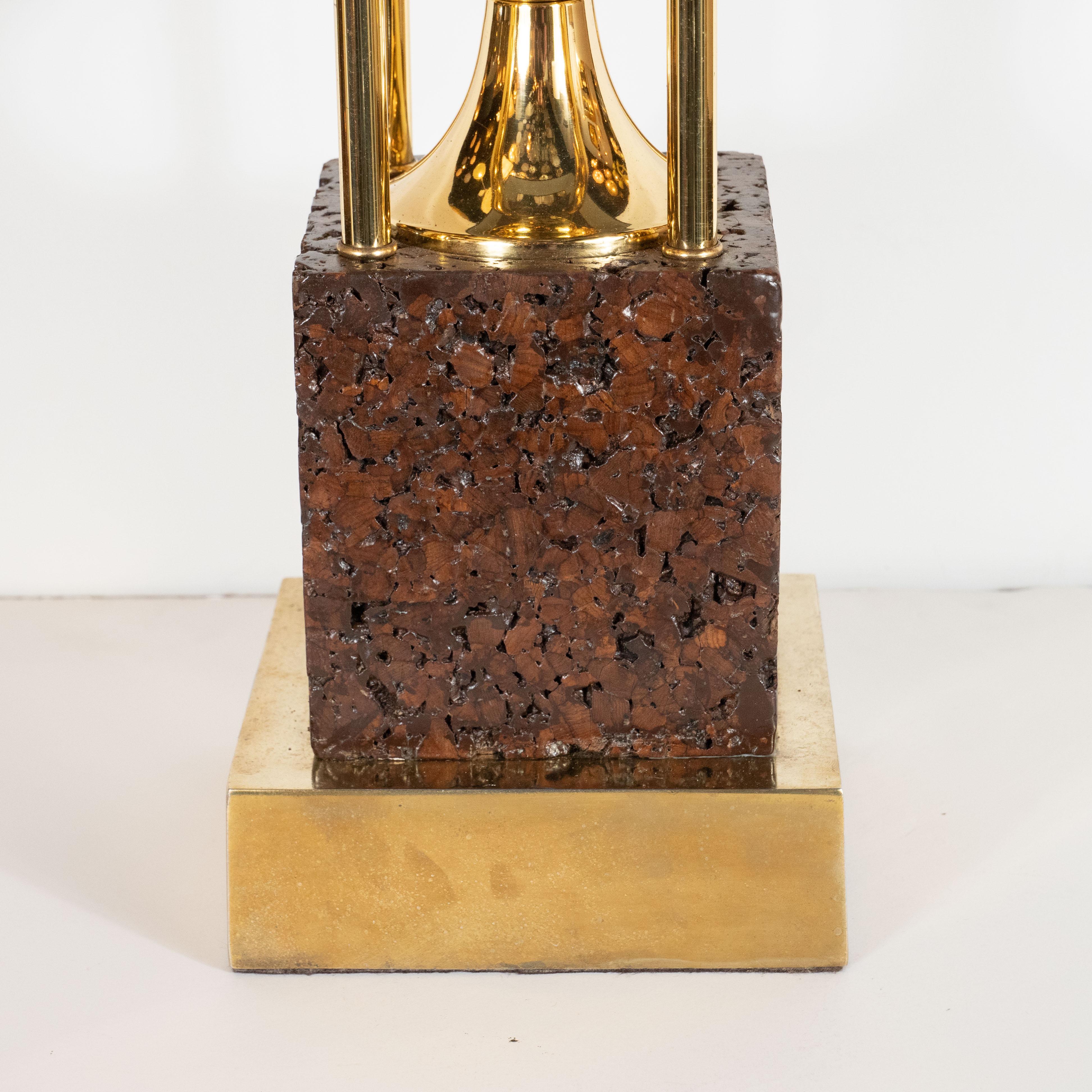 American Pair of Sculptural Mid-Century Modern Polished Brass and Cork Table Lamps For Sale