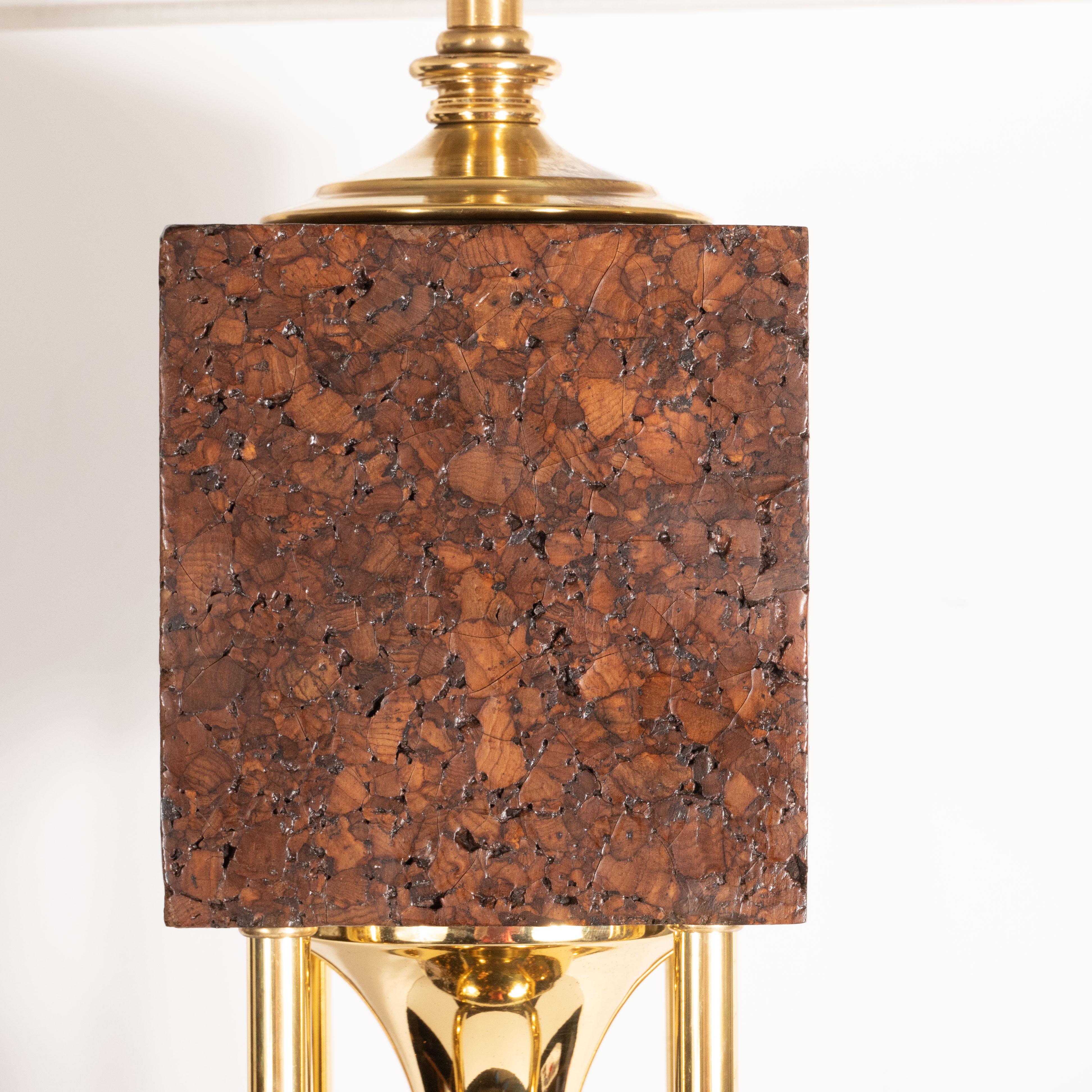 Pair of Sculptural Mid-Century Modern Polished Brass and Cork Table Lamps In Excellent Condition In New York, NY