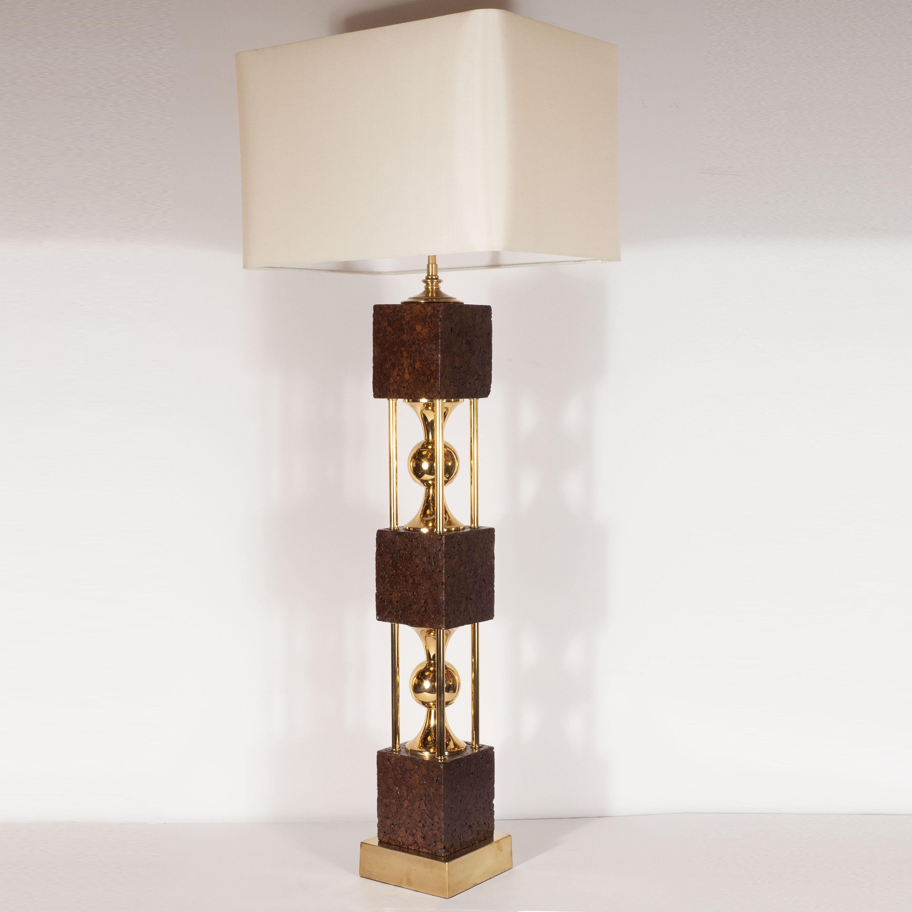 Mid-20th Century Pair of Sculptural Mid-Century Modern Polished Brass and Cork Table Lamps