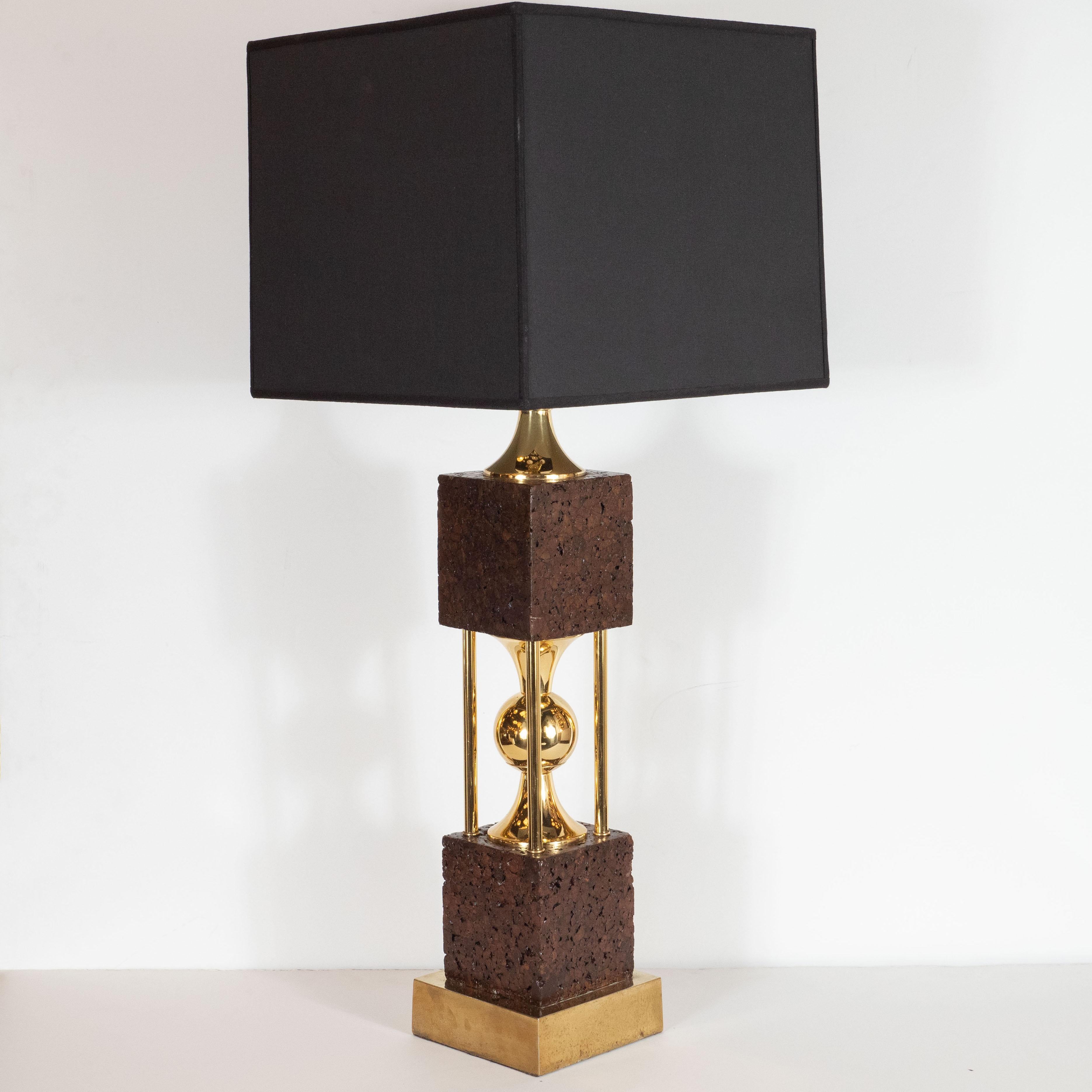 Pair of Sculptural Mid-Century Modern Polished Brass and Cork Table Lamps For Sale 3
