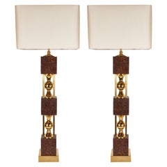 Pair of Sculptural Mid-Century Modern Polished Brass and Cork Table Lamps
