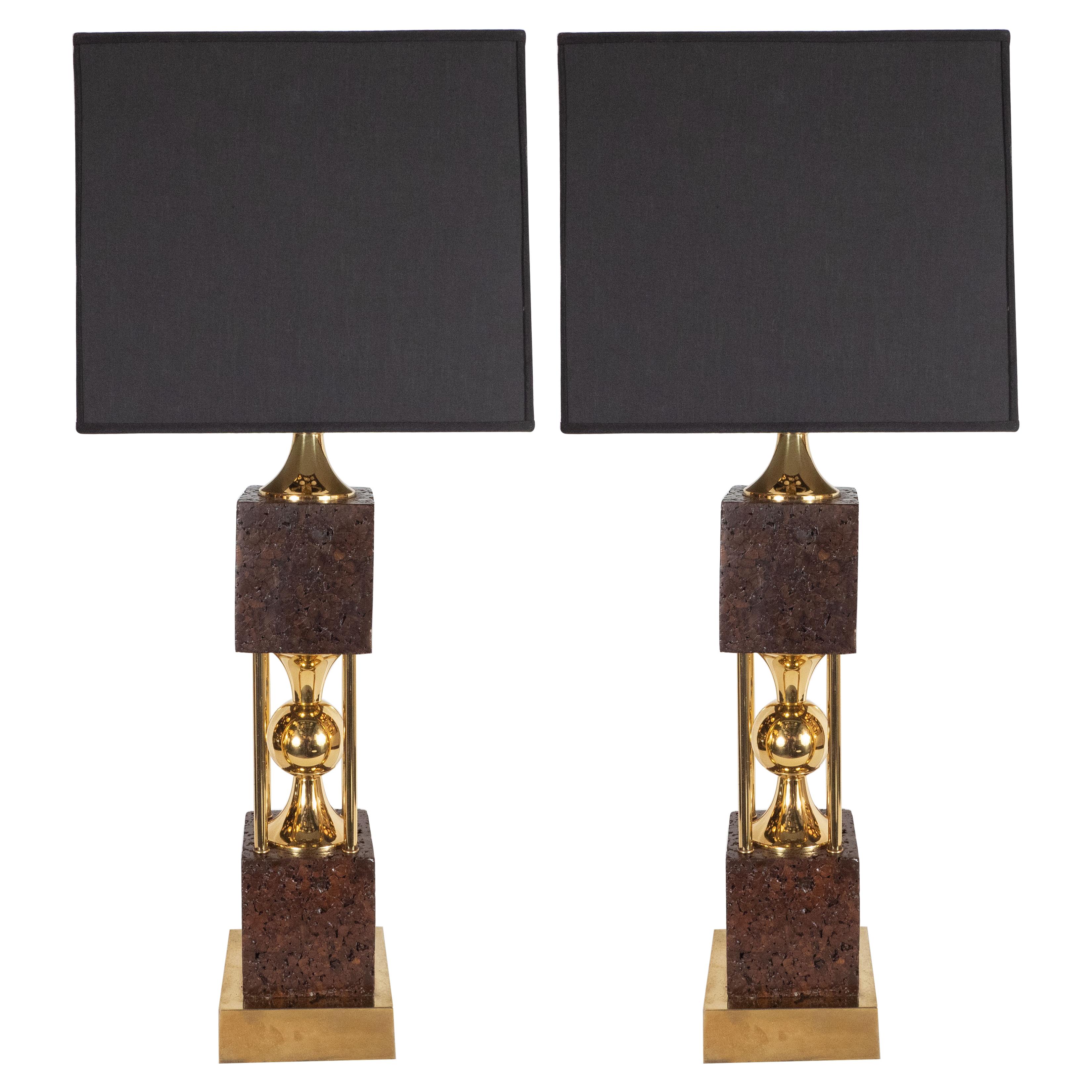 Pair of Sculptural Mid-Century Modern Polished Brass and Cork Table Lamps
