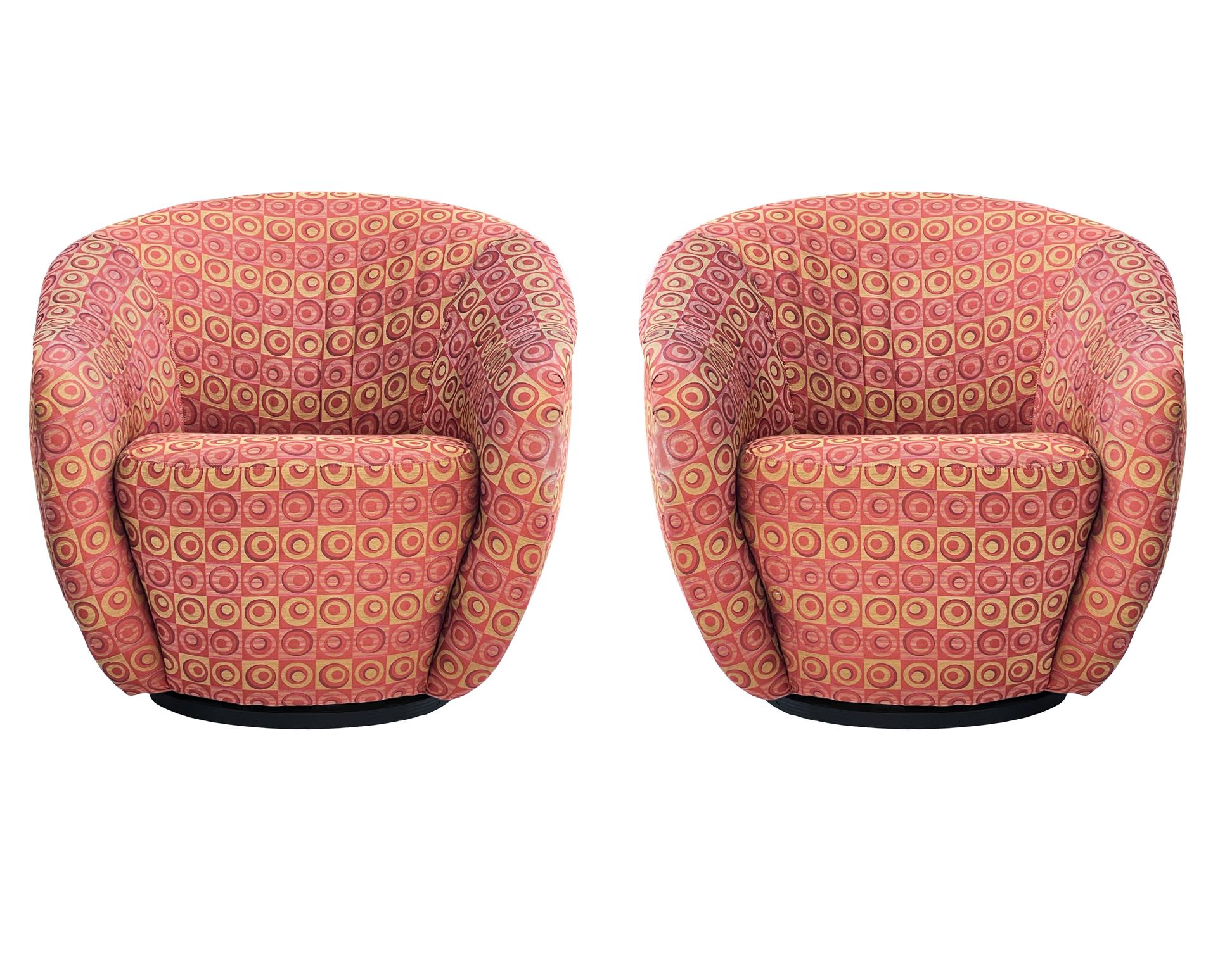 Post-Modern Pair of Sculptural Mid Century Post Modern Barrel Back Swivel Lounge Chairs For Sale