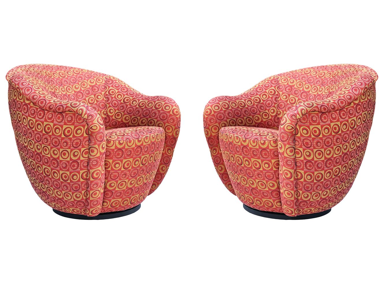 Pair of Sculptural Mid Century Post Modern Barrel Back Swivel Lounge Chairs For Sale 1