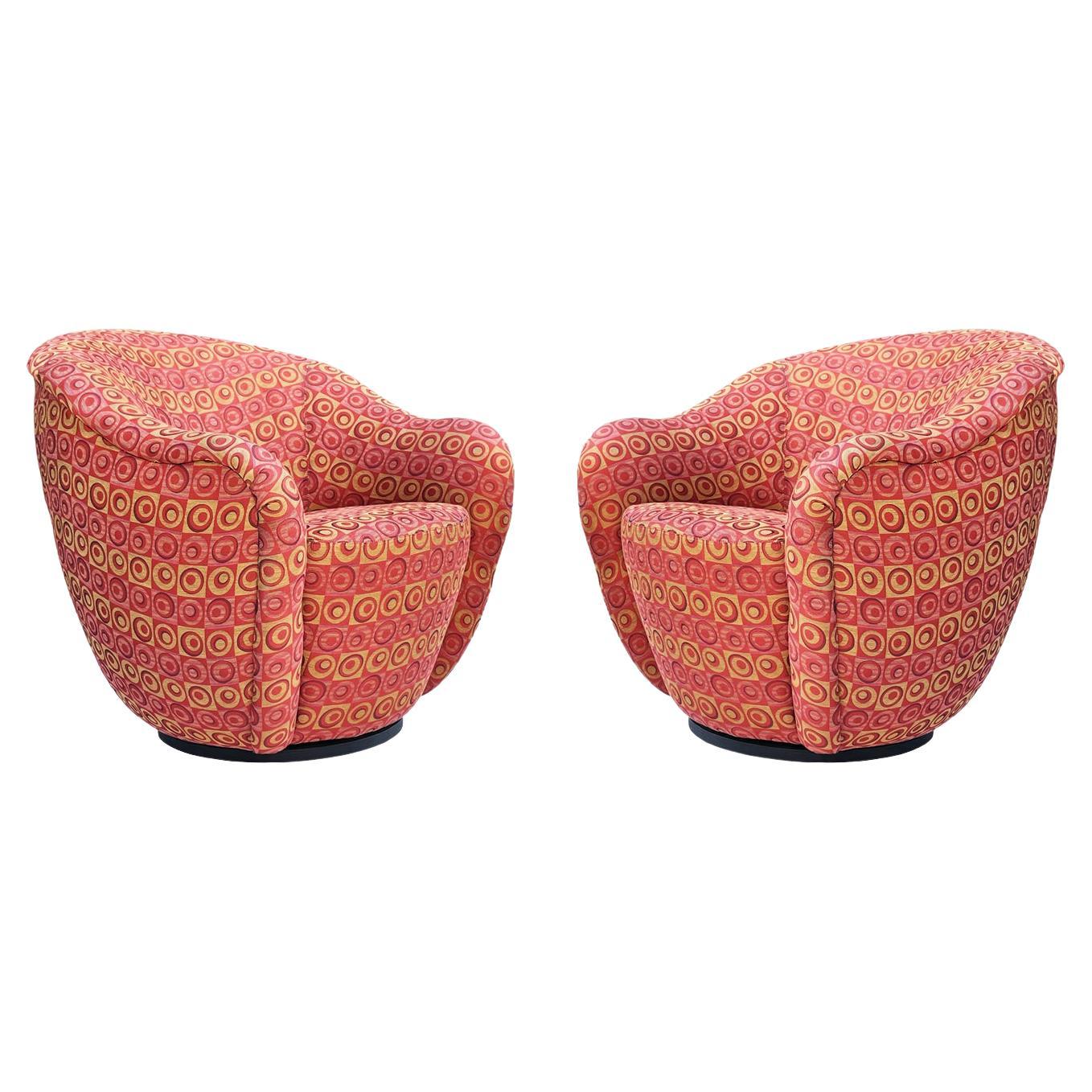 Pair of Sculptural Mid Century Post Modern Barrel Back Swivel Lounge Chairs For Sale