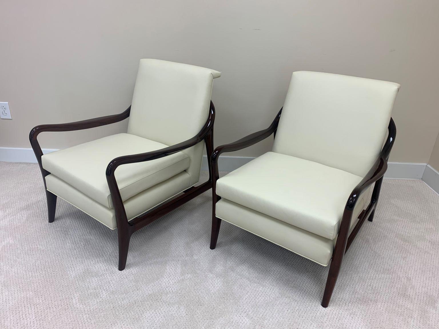 American Pair of Sculptural Mid-Century Kagan Style Walnut and Leather Lounge Chairs