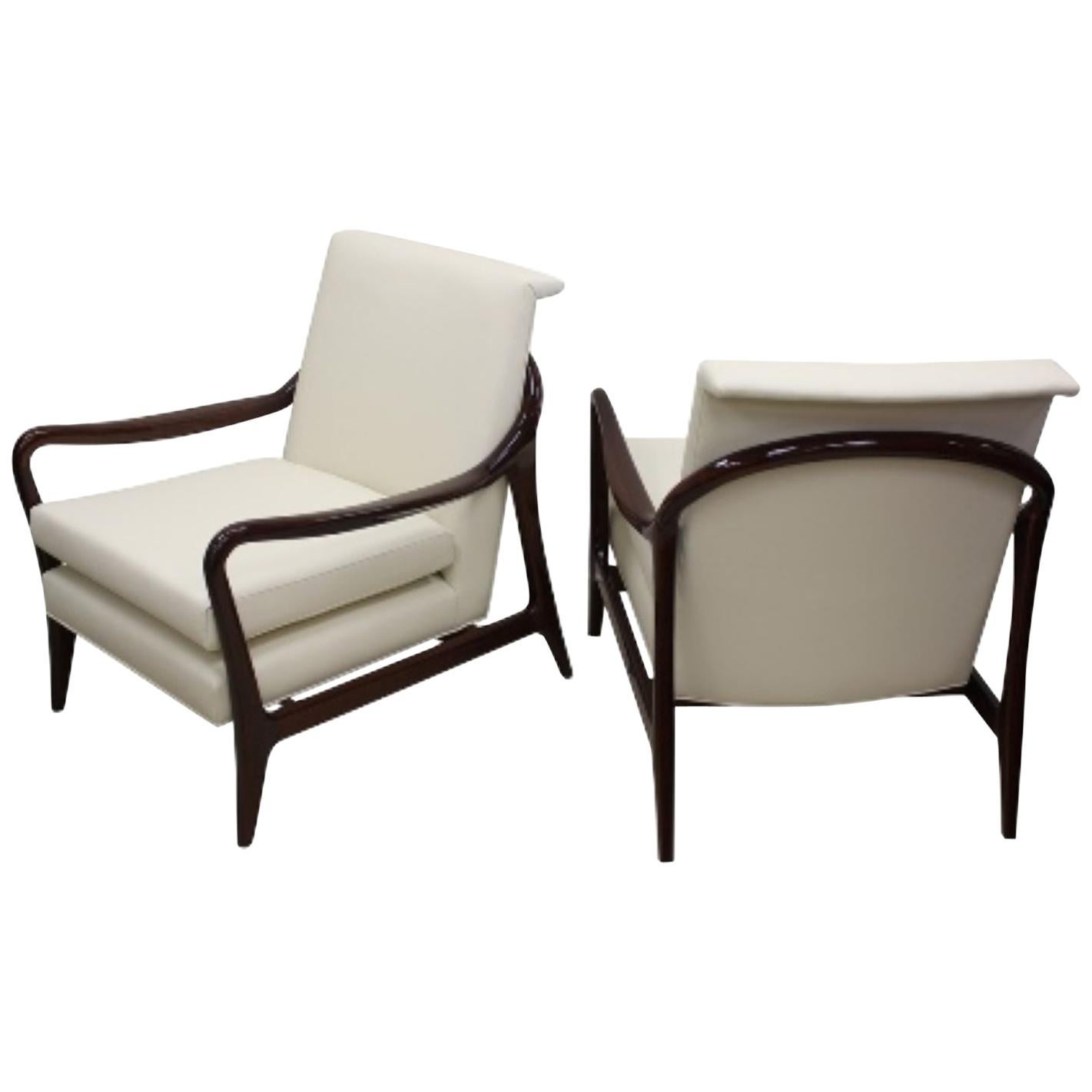 Pair of Sculptural Mid-Century Kagan Style Walnut and Leather Lounge Chairs