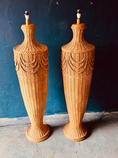 Pair of Sculptural Mid Century Woven Rattan Floor Lamps
