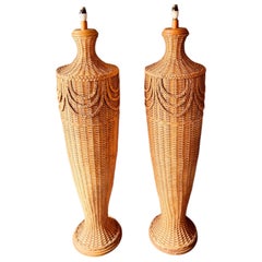 Pair of Sculptural Mid Century Woven Rattan Floor Lamps