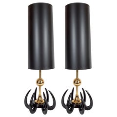 Pair of Sculptural Midcentury Ebonized Walnut & Polished Brass Table Lamps