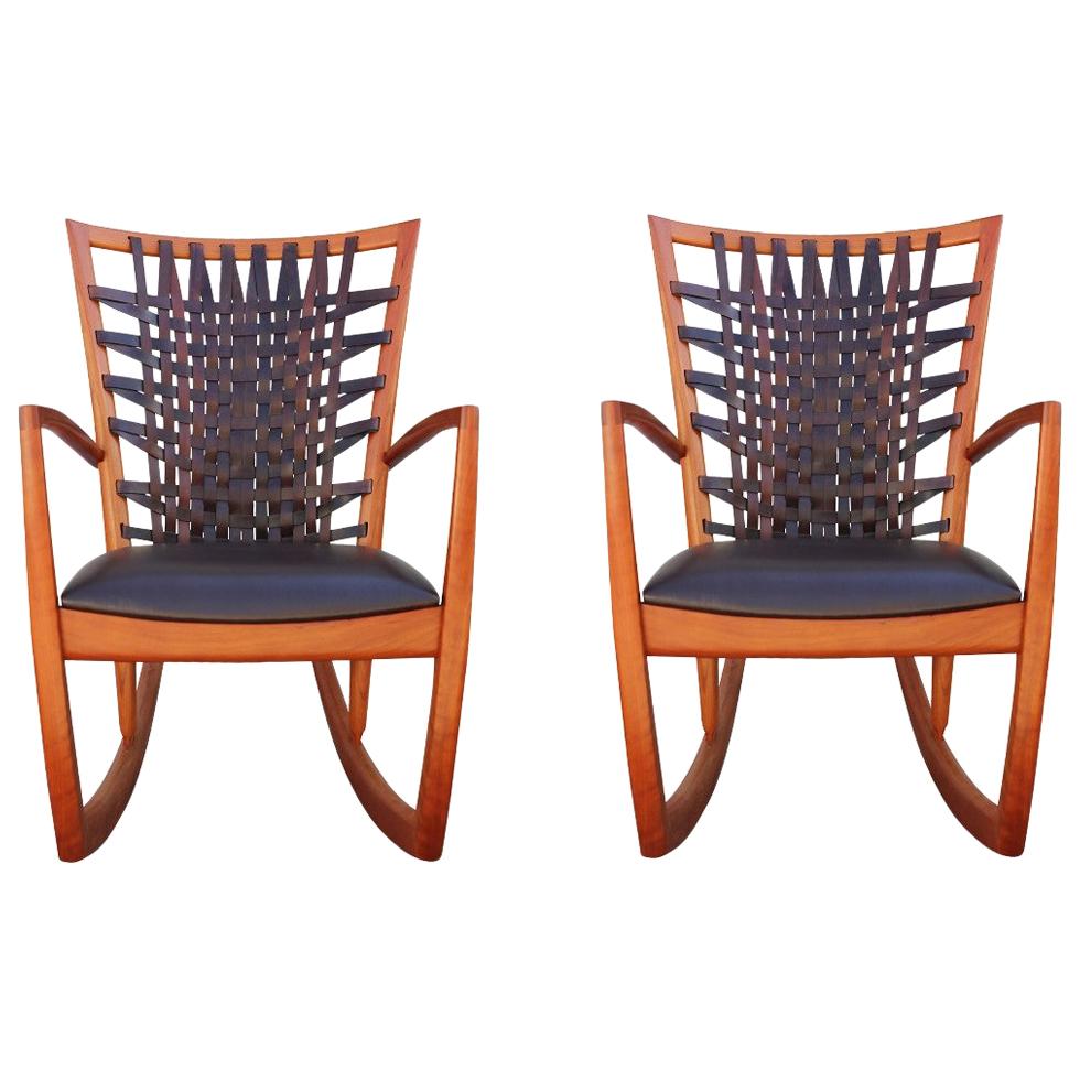 Pair of Sculptural Modern Handmade Cherrywood and Woven Leather Rocking Chairs