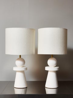 Pair of Sculptural Modern Plaster Table Lamps with Linen Shades