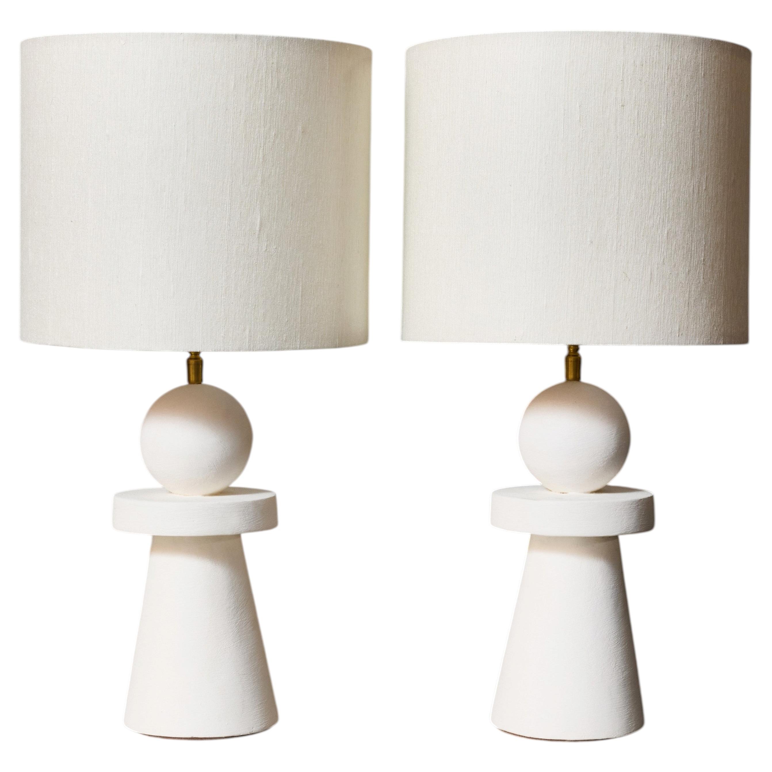 Pair of Sculptural Modern Plaster Table Lamps with Linen Shades