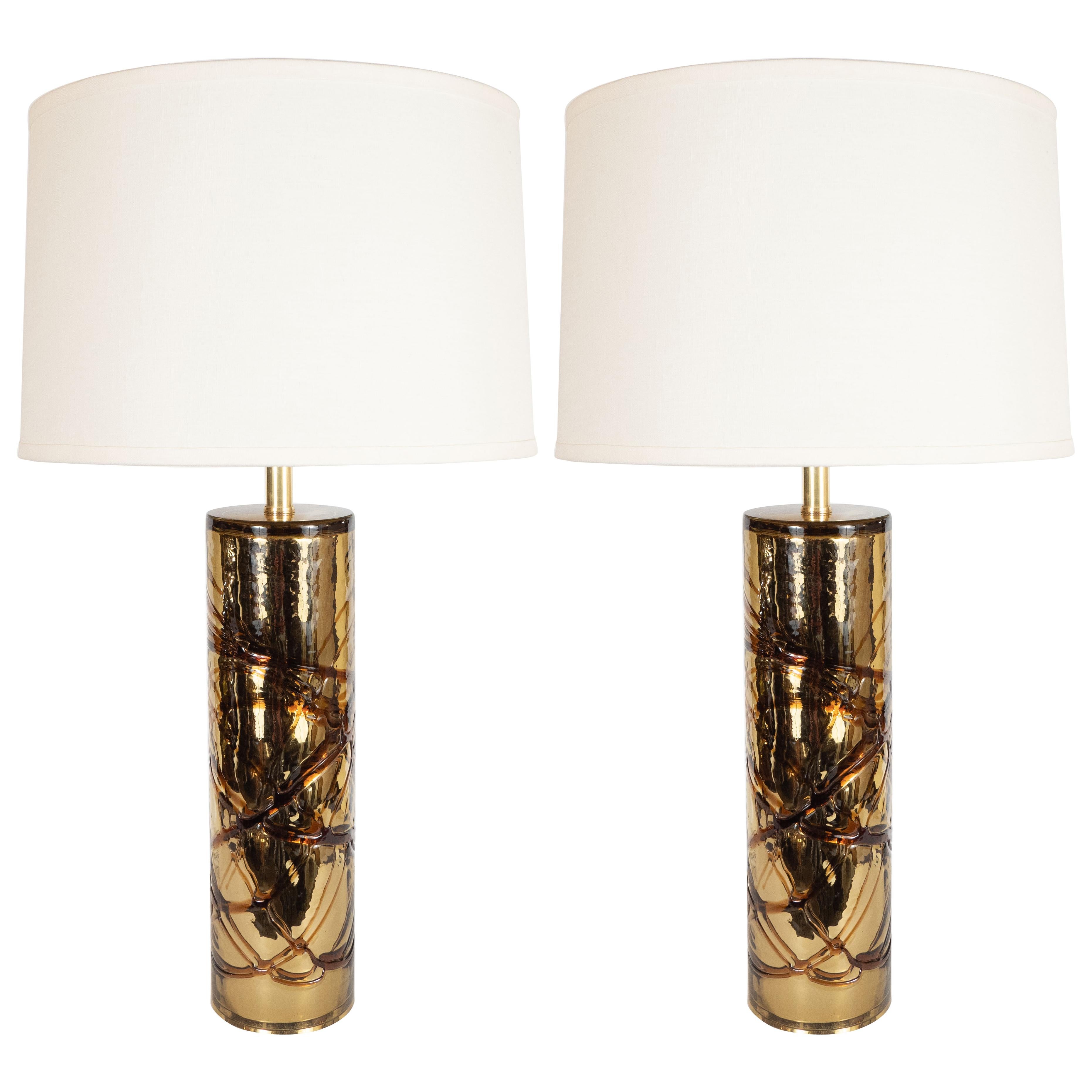Pair of Sculptural Modernist Handblown Murano Gold Mercury Glass Table Lamps