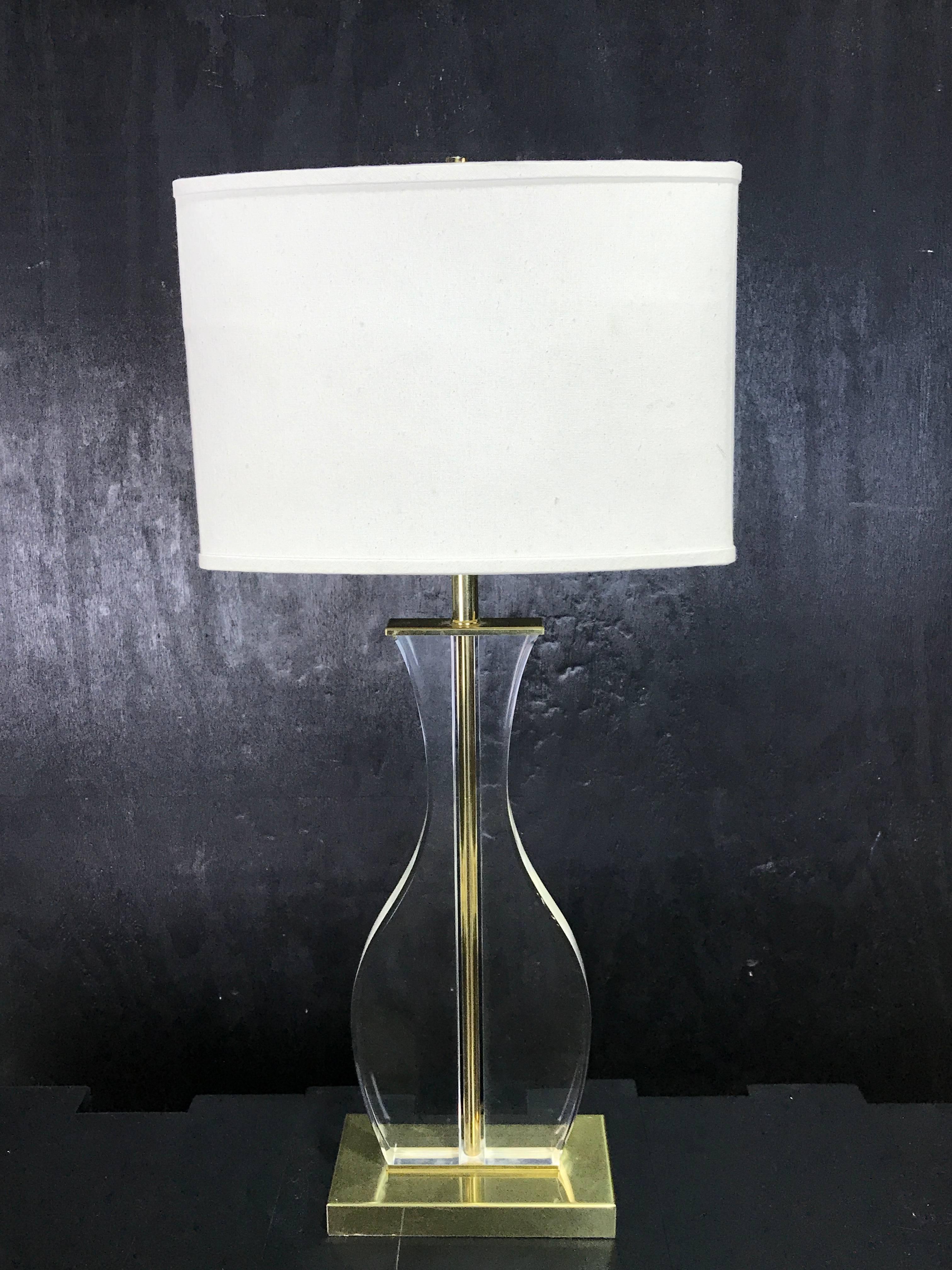 American Pair of Sculptural Motif Brass and Lucite Table Lamps