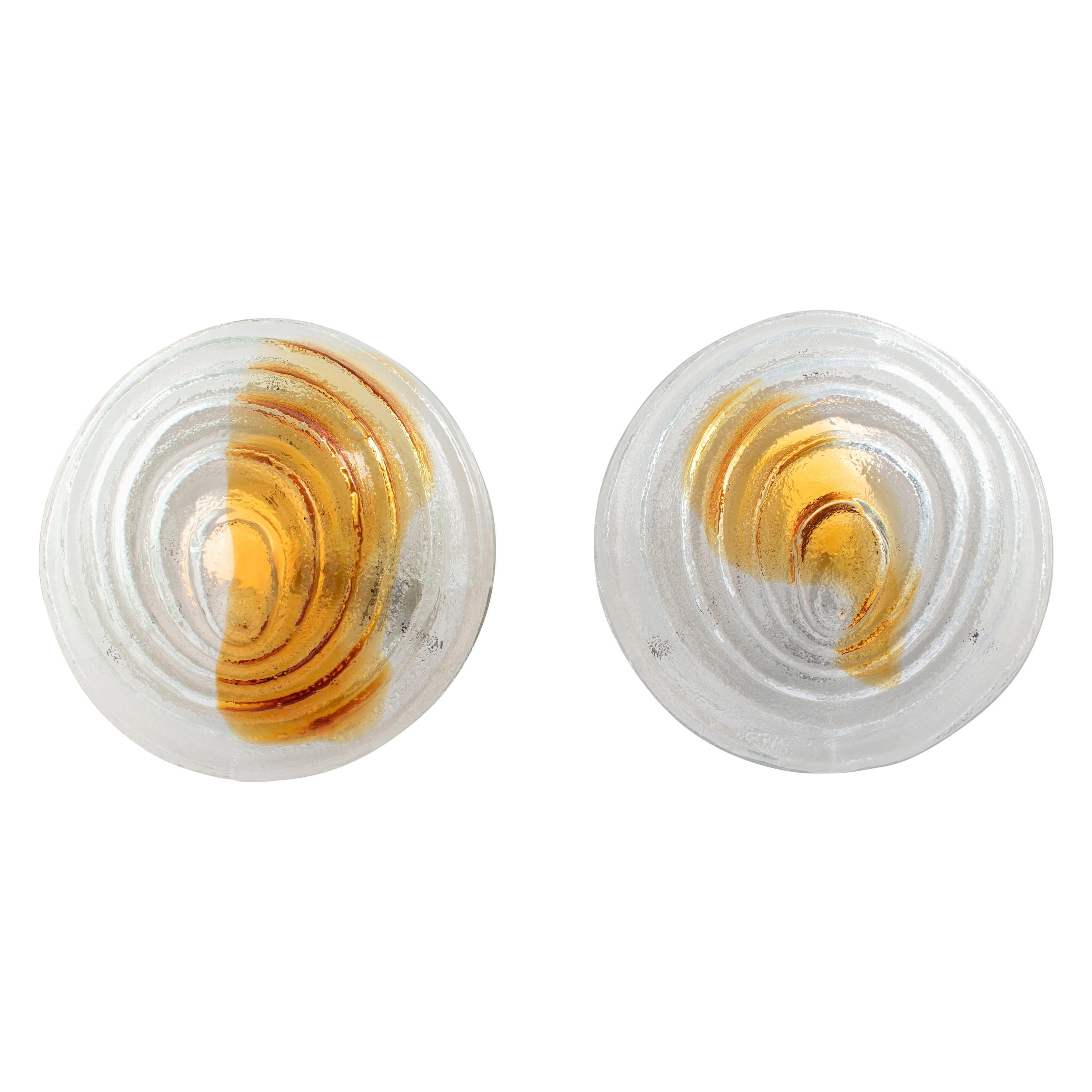 Pair of Sculptural Murano Clear and Amber Glass Sconces, circa 1970s For Sale