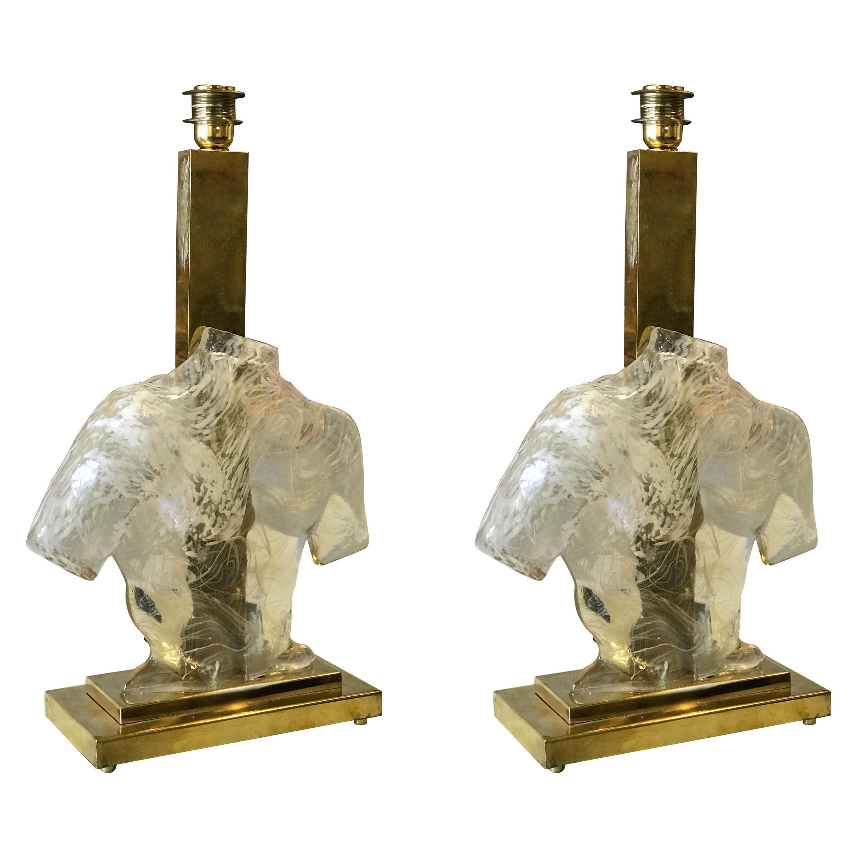 Pair of Sculptural Murano Glass and Brass Table Lamps