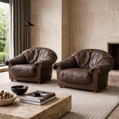 Pair of Sculptural Overstuffed Leather Lounge Chairs in Distressed Brown, 1970s