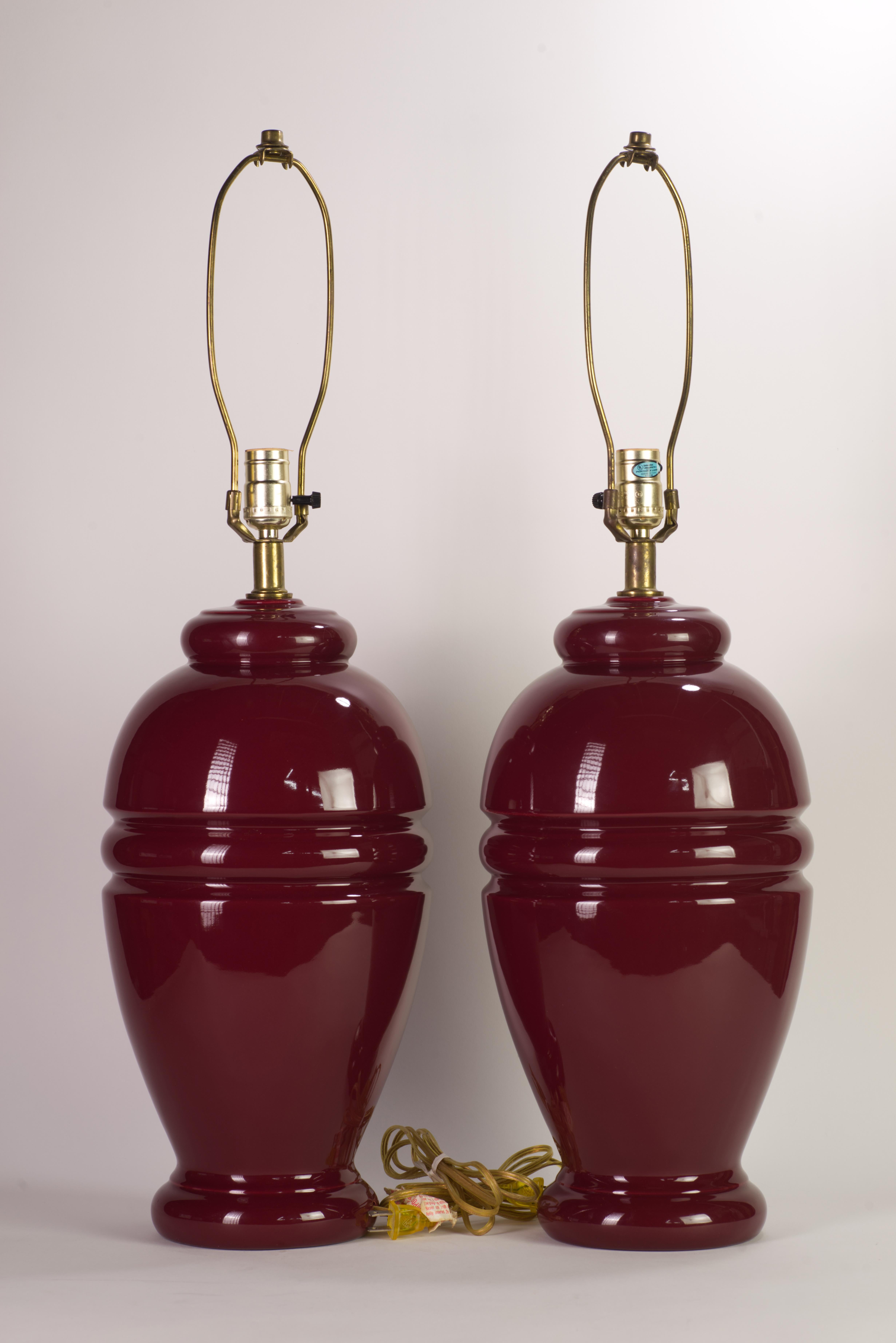 North American Pair of Sculptural Oxblood Burgundy Red Ceramic Table Lamps, 1960s Modern