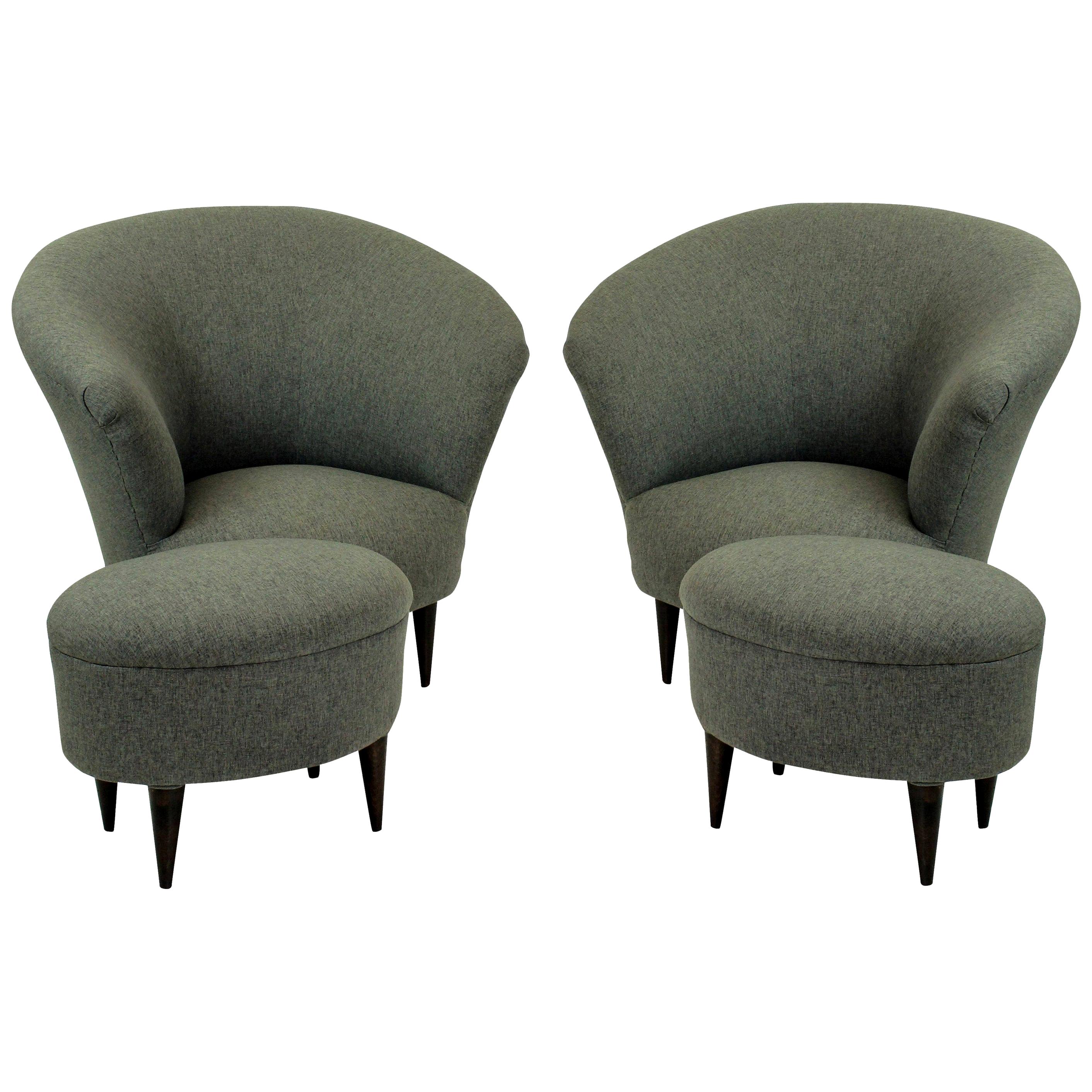 Pair of Sculptural Parisi Armchairs and Matching Foot Stools