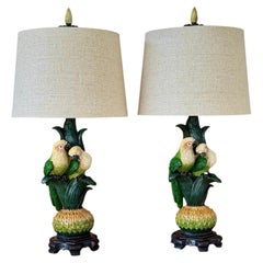 Pair of Sculptural Parrot Table Lamps With New Linen Shades