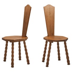 Antique Pair of Sculptural Patinated Oak Spinning Chairs, Europe Ca Early 20th Century