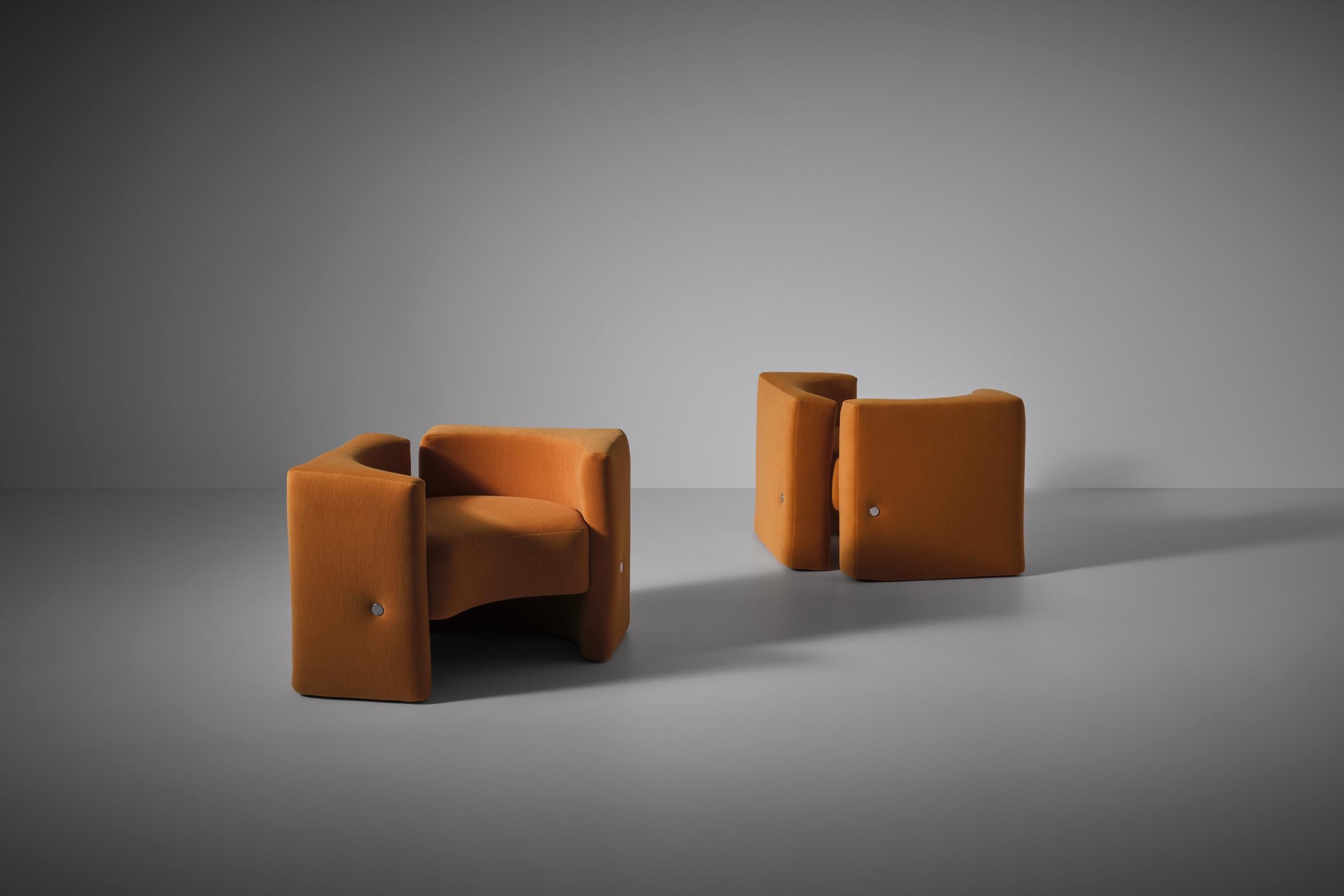 Pair of pentagonal shaped armchairs, Italy, 1960s. Unique outstanding design with interesting lines and curves. The chairs are reupholstered within the original specifications in a high quality woolen velvet in a stunning warm mango color. In very