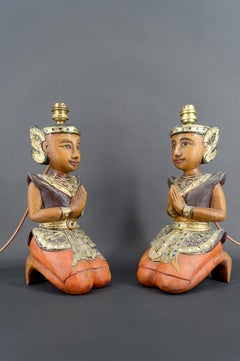 Pair of Sculptural Polychrome Wood Lamps, Indonesia, Circa 1970