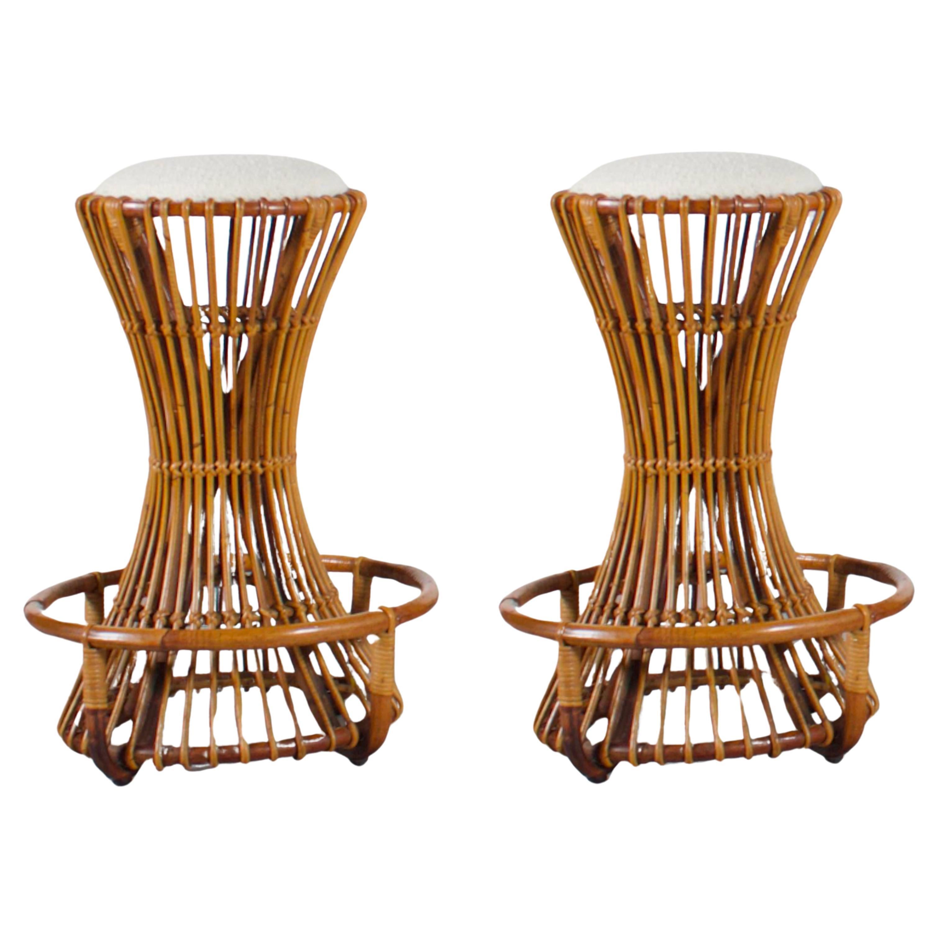 Pair of Sculptural Rattan Bar Stools by Tito Agnoli, Italy