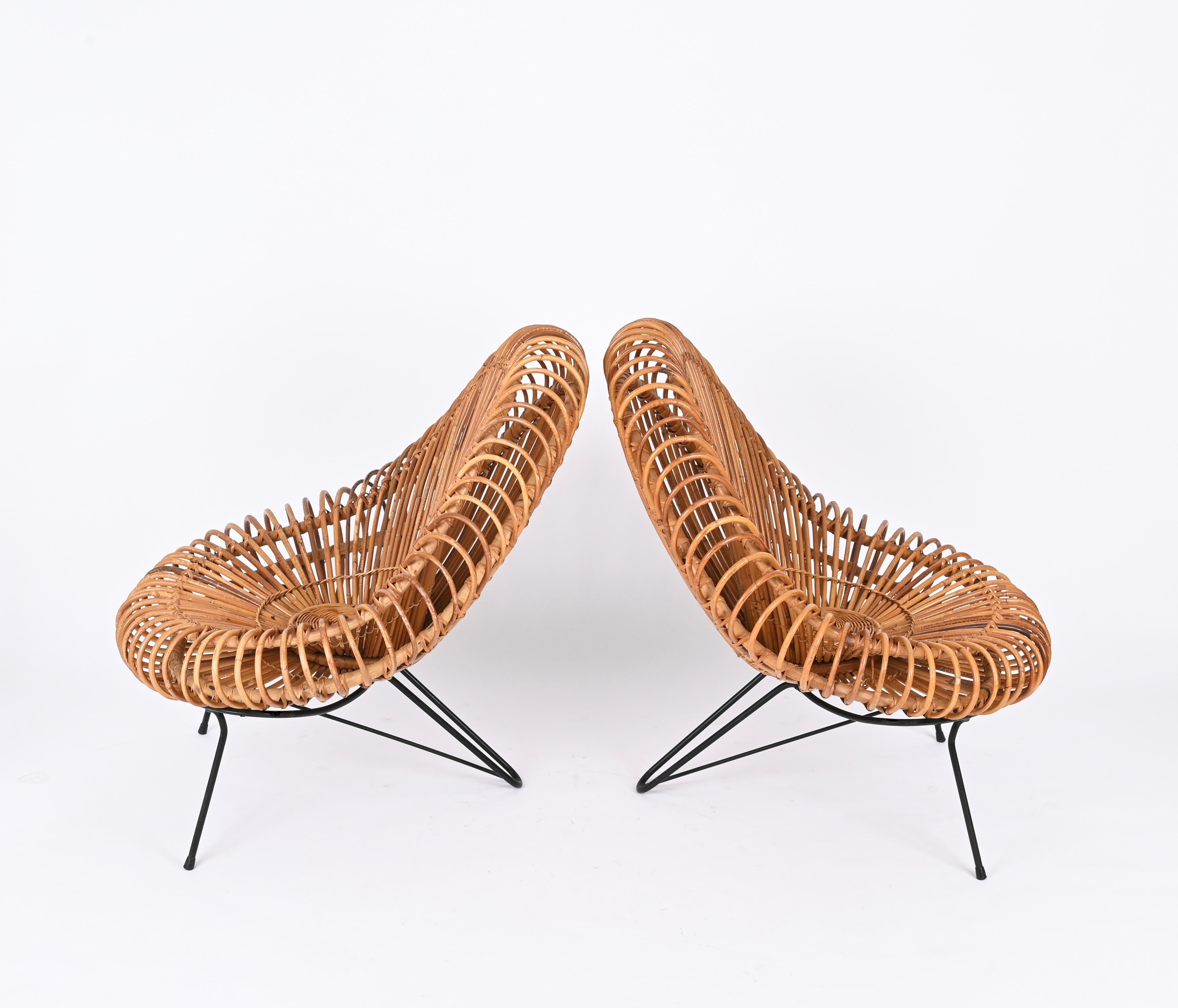 Pair of Sculptural Rattan Lounge Chairs by J. Abraham and Dirk Rol, France 1950 2