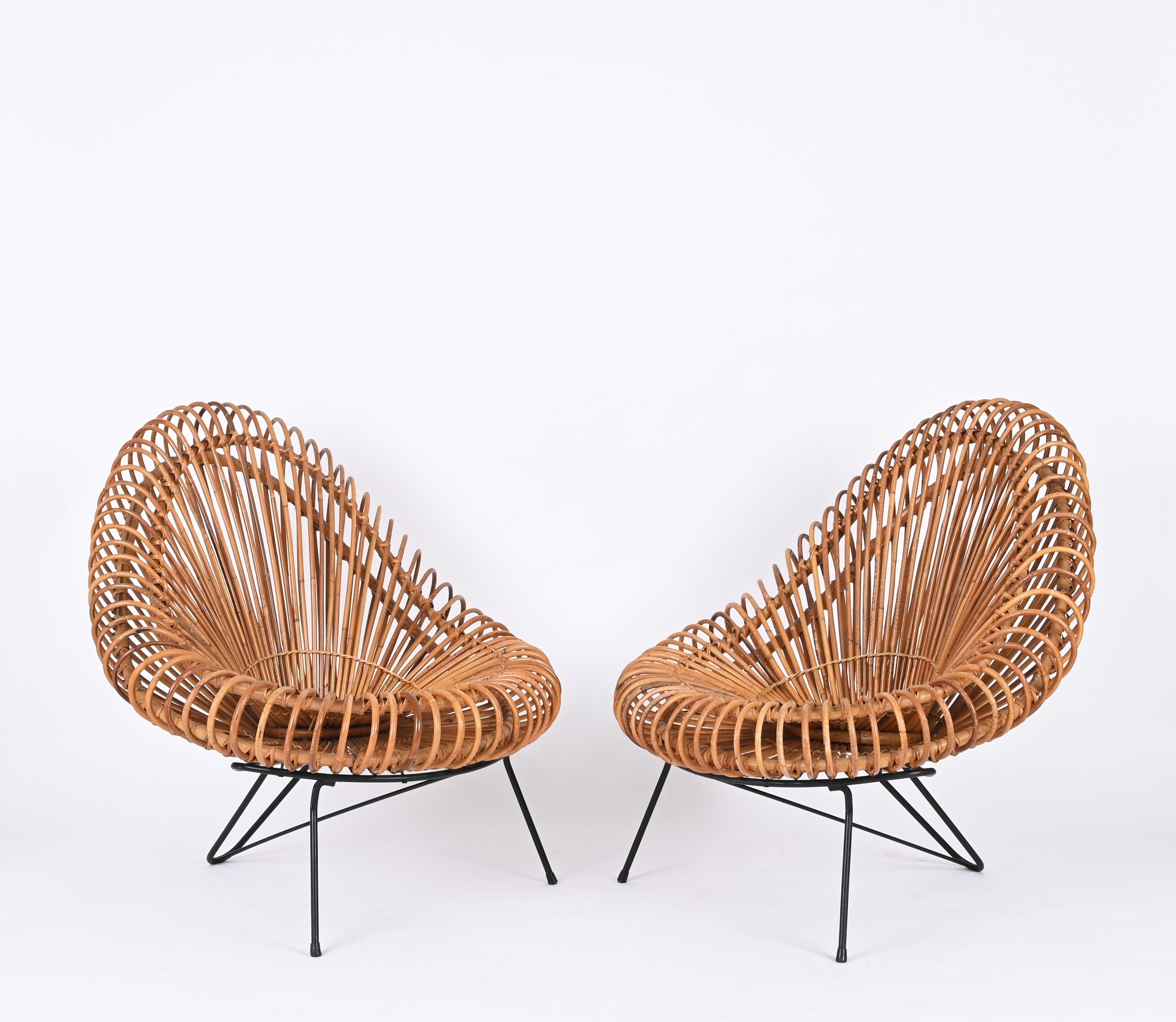 Pair of Sculptural Rattan Lounge Chairs by J. Abraham and Dirk Rol, France 1950 9