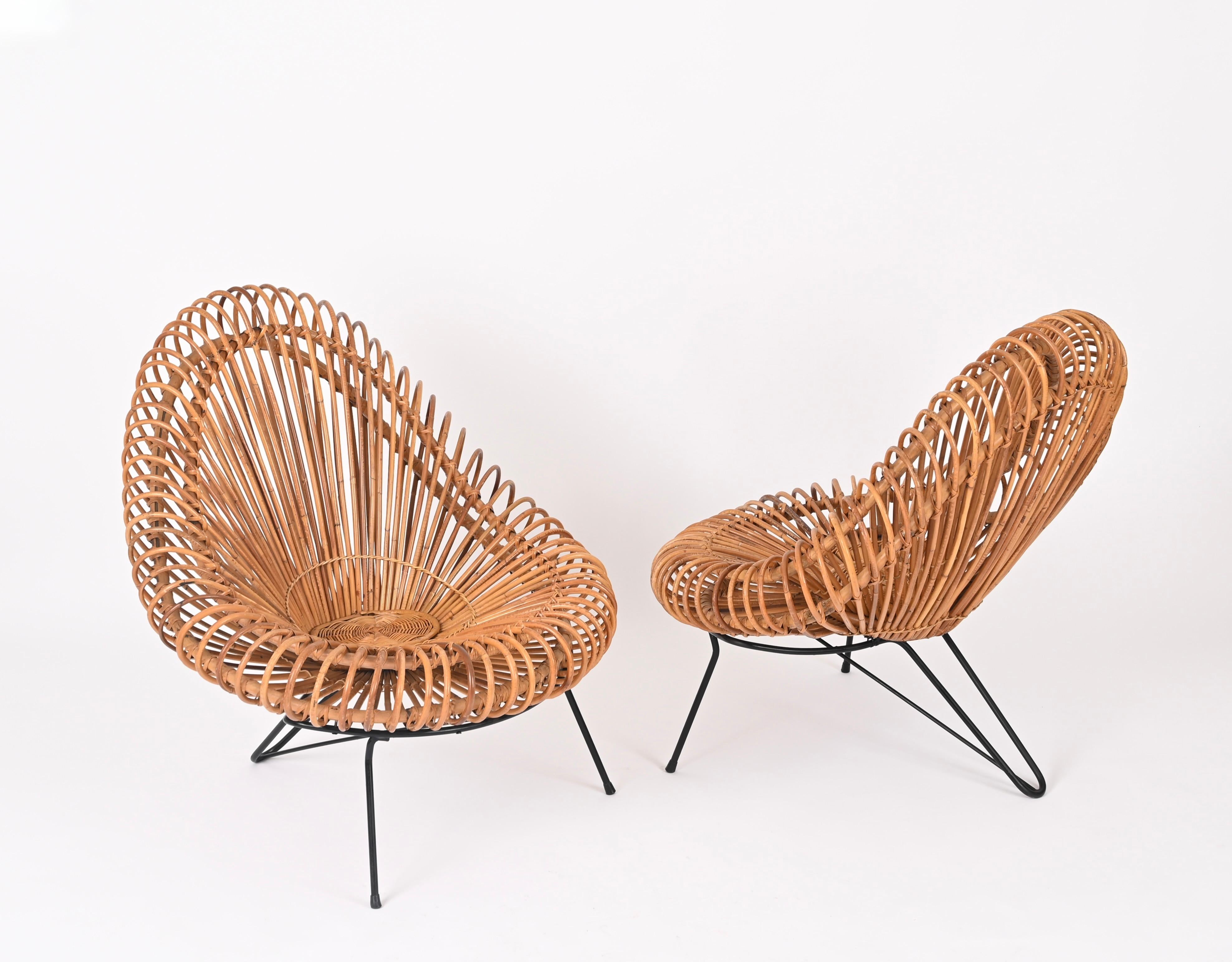 Pair of Sculptural Rattan Lounge Chairs by J. Abraham and Dirk Rol, France 1950 11