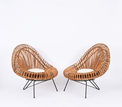 Pair of Sculptural Rattan Lounge Chairs by J. Abraham and Dirk Rol, France 1950