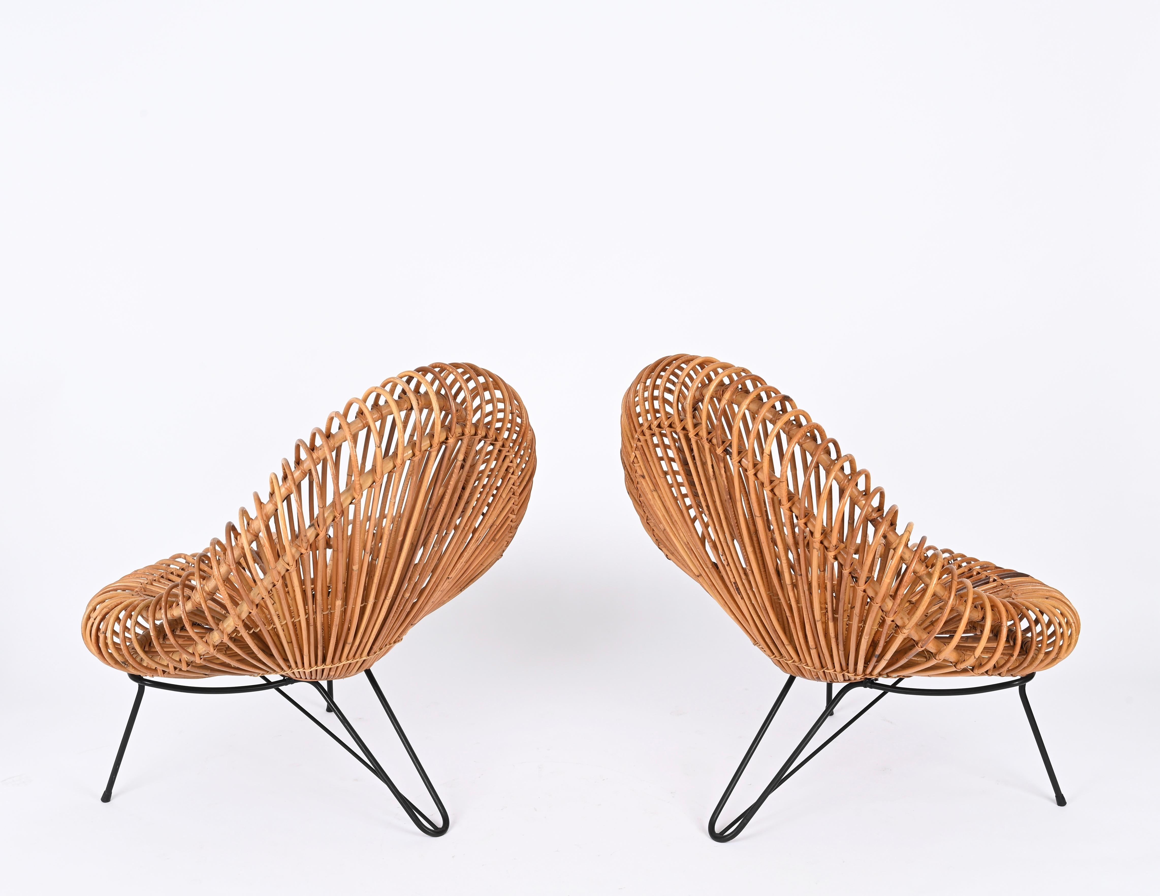 French Pair of Sculptural Rattan Lounge Chairs by J. Abraham and Dirk Rol, France 1950