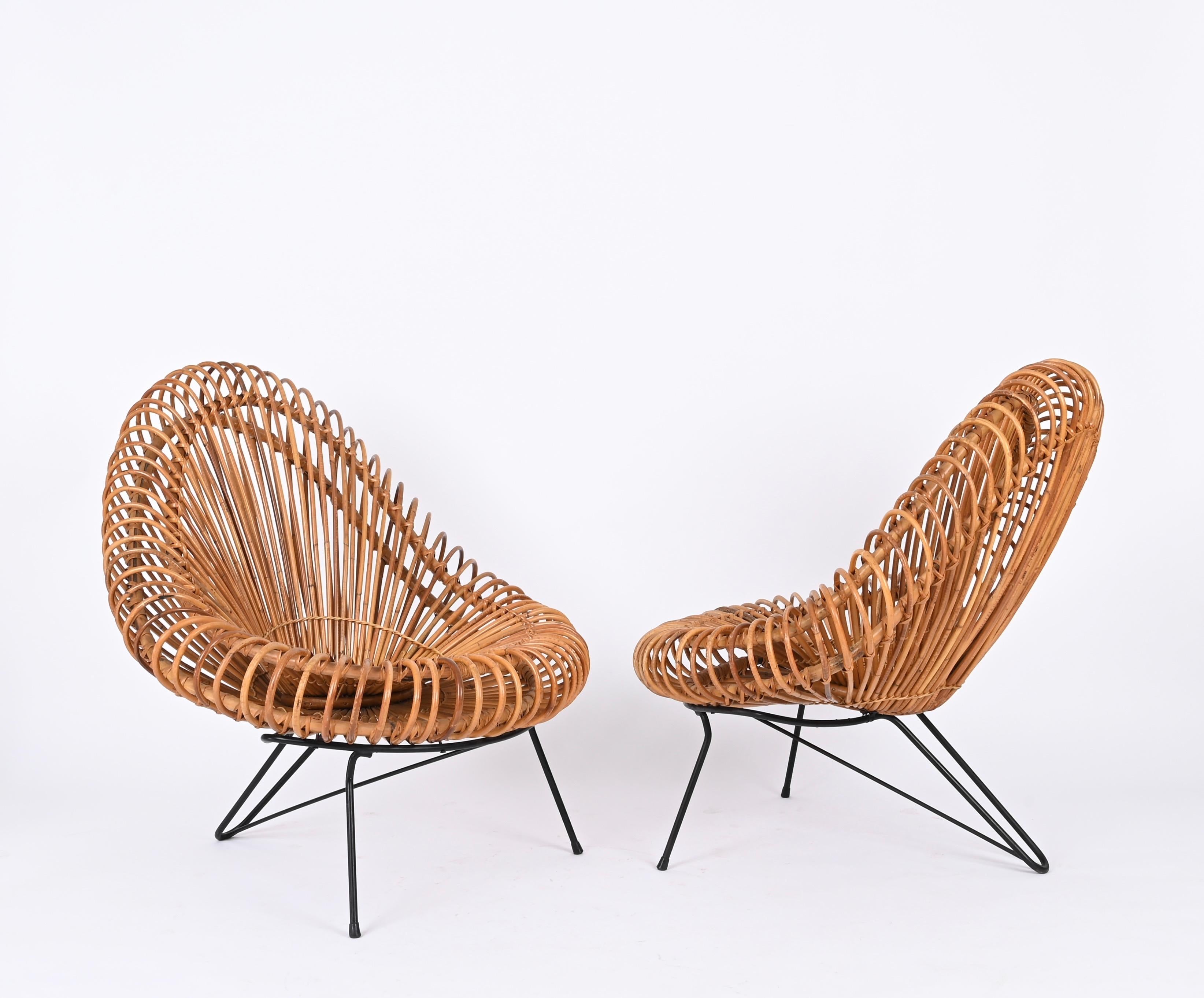 Enameled Pair of Sculptural Rattan Lounge Chairs by J. Abraham and Dirk Rol, France 1950