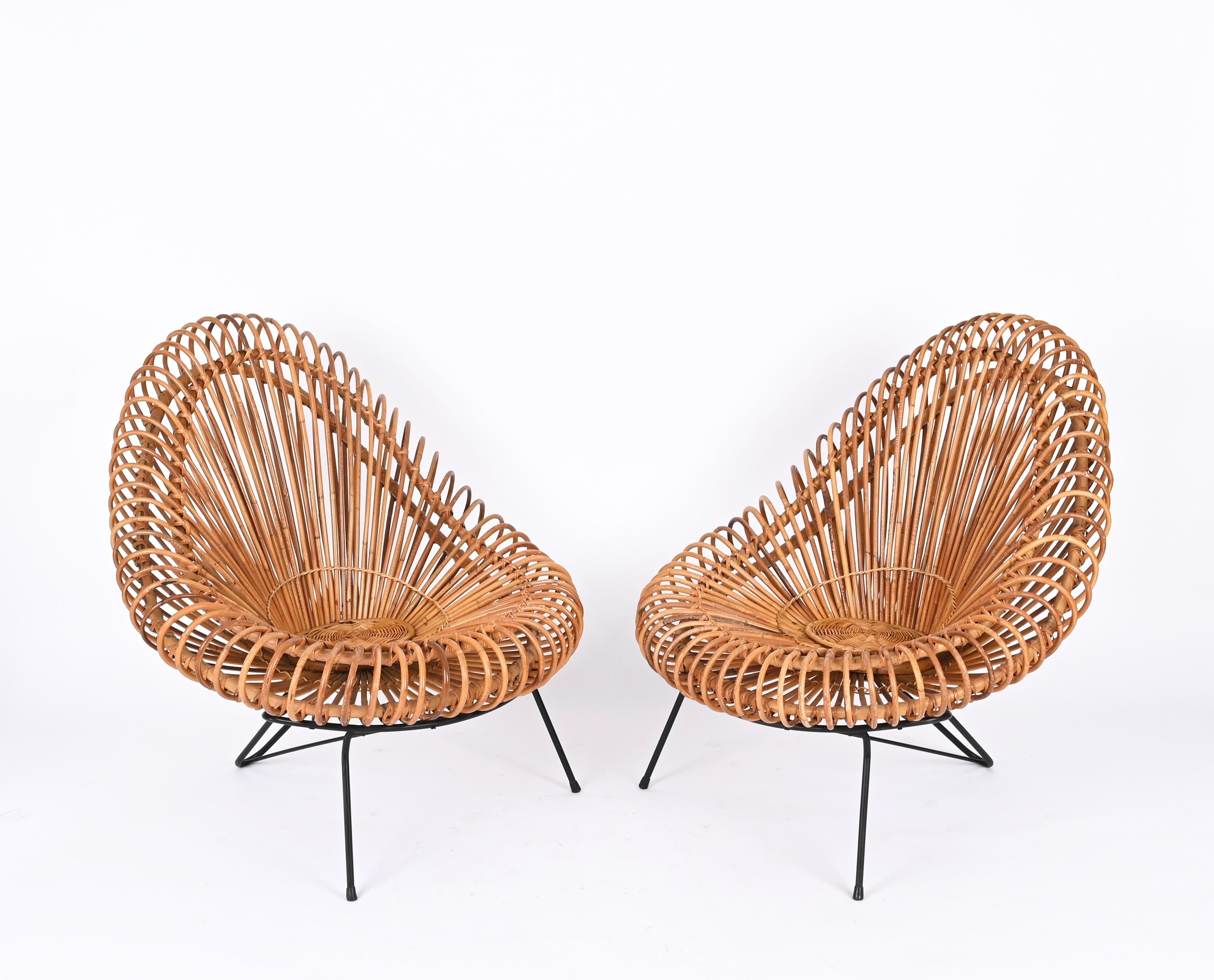 20th Century Pair of Sculptural Rattan Lounge Chairs by J. Abraham and Dirk Rol, France 1950